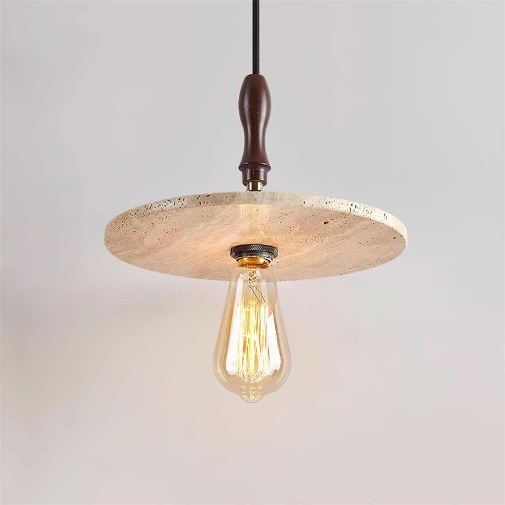 Natural Travertine Disc And Walnut Orbit Pendant Light