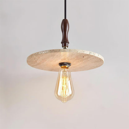 Natural Travertine Disc And Walnut Orbit Pendant Light