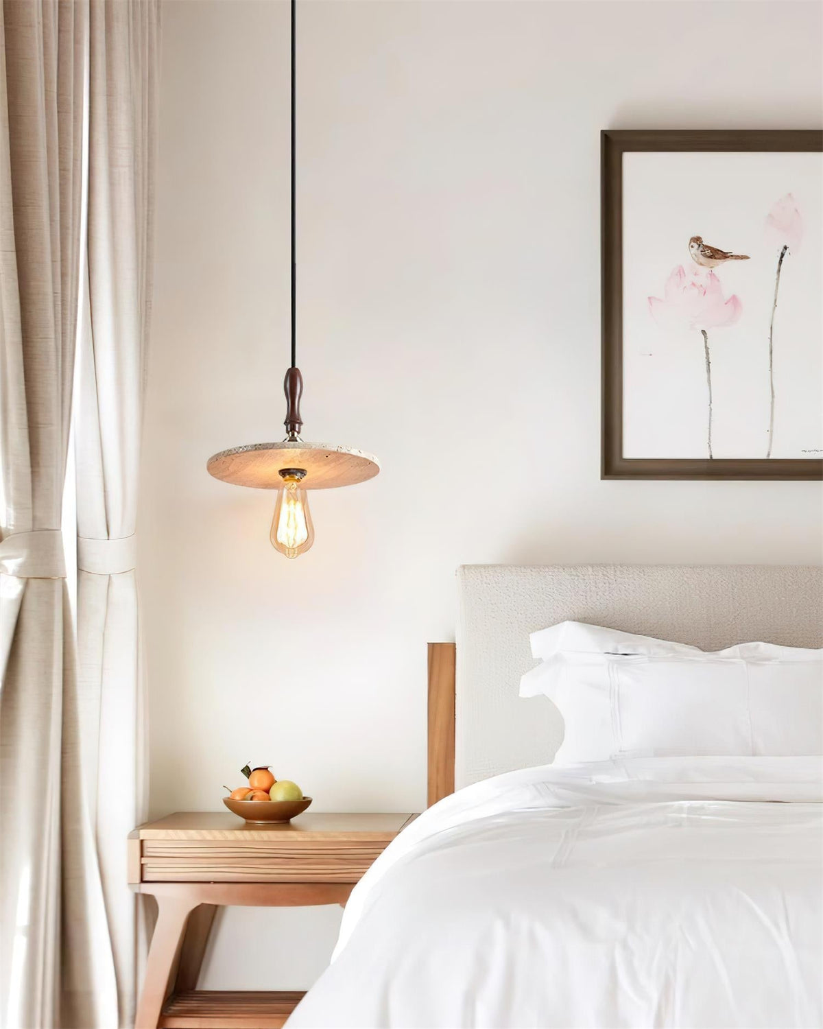 Natural Travertine Disc And Walnut Orbit Pendant Light