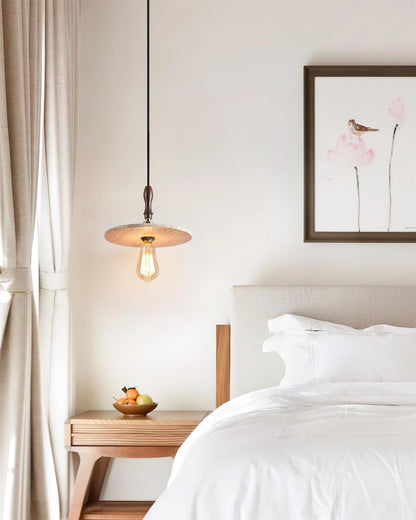Natural Travertine Disc And Walnut Orbit Pendant Light