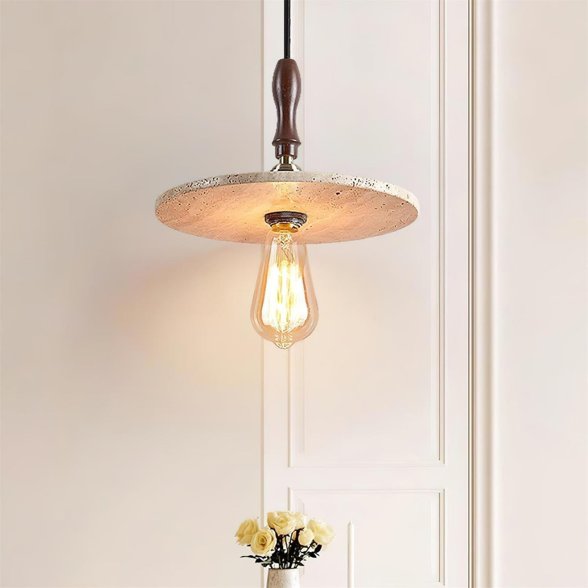 Natural Travertine Disc And Walnut Orbit Pendant Light