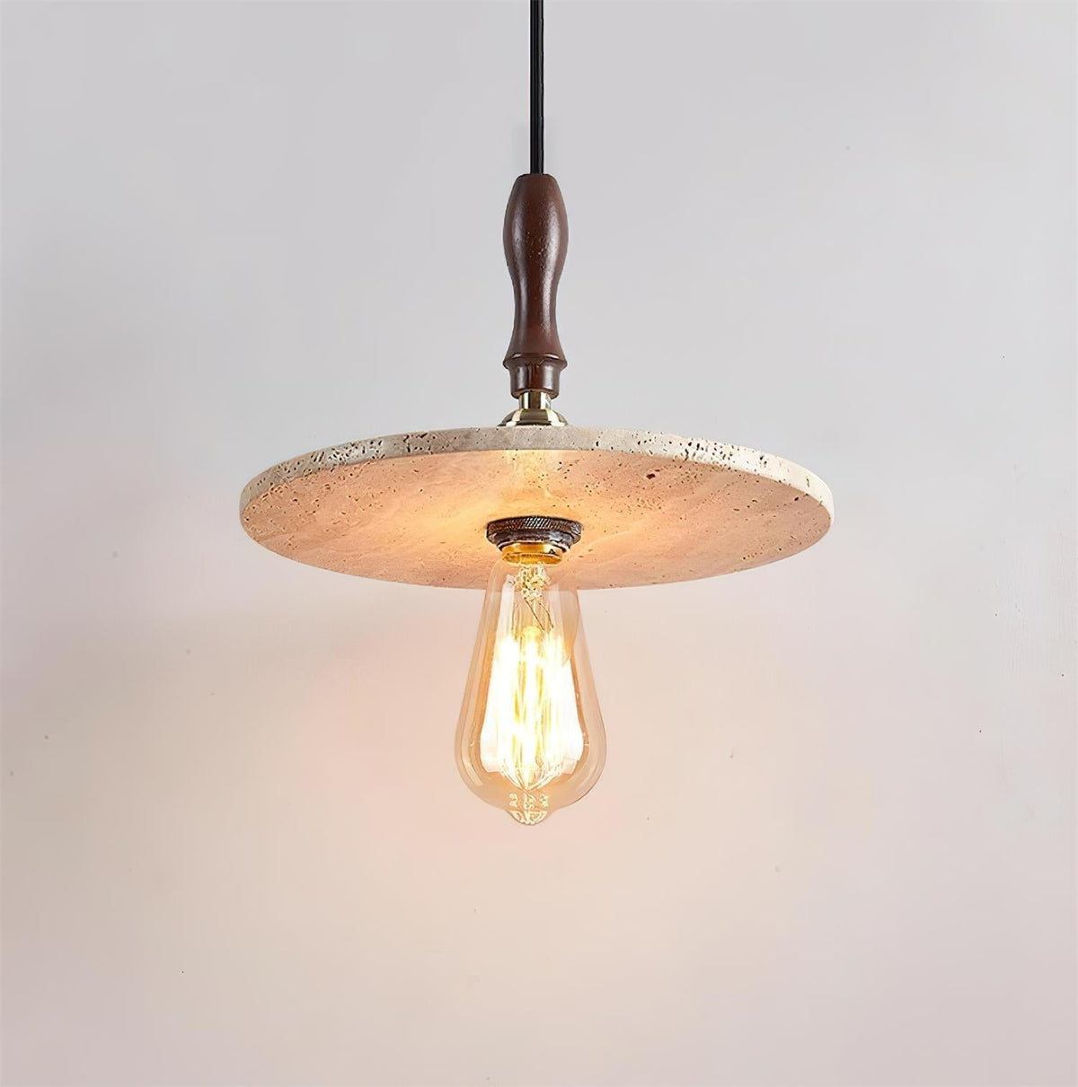 Natural Travertine Disc And Walnut Orbit Pendant Light