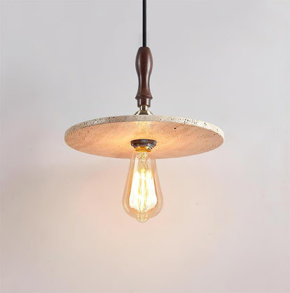 Natural Travertine Disc And Walnut Orbit Pendant Light