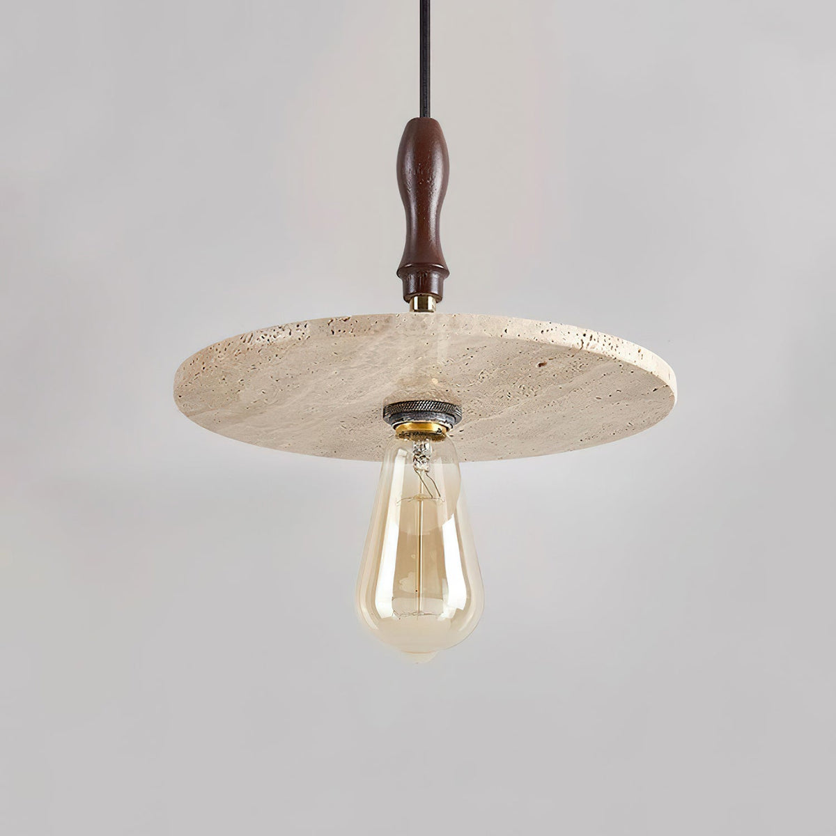 Natural Travertine Disc And Walnut Orbit Pendant Light