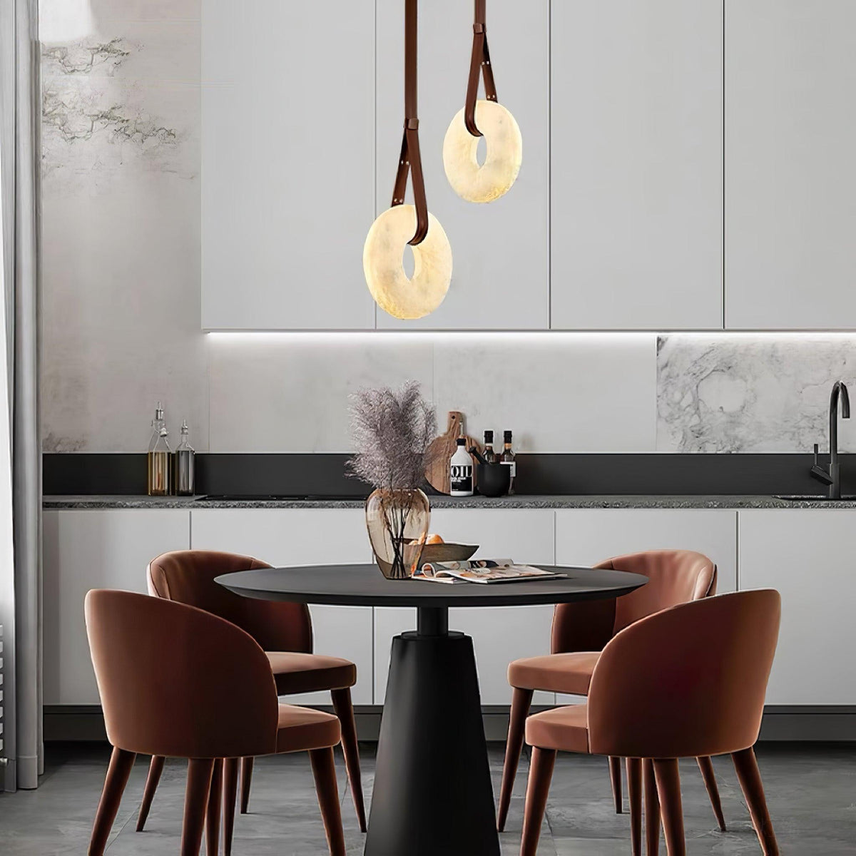 Alabaster Ring And Leather Straps Star Pendant Light