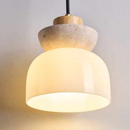 Layered Glass Pendant Light With Premium Travertine Dome