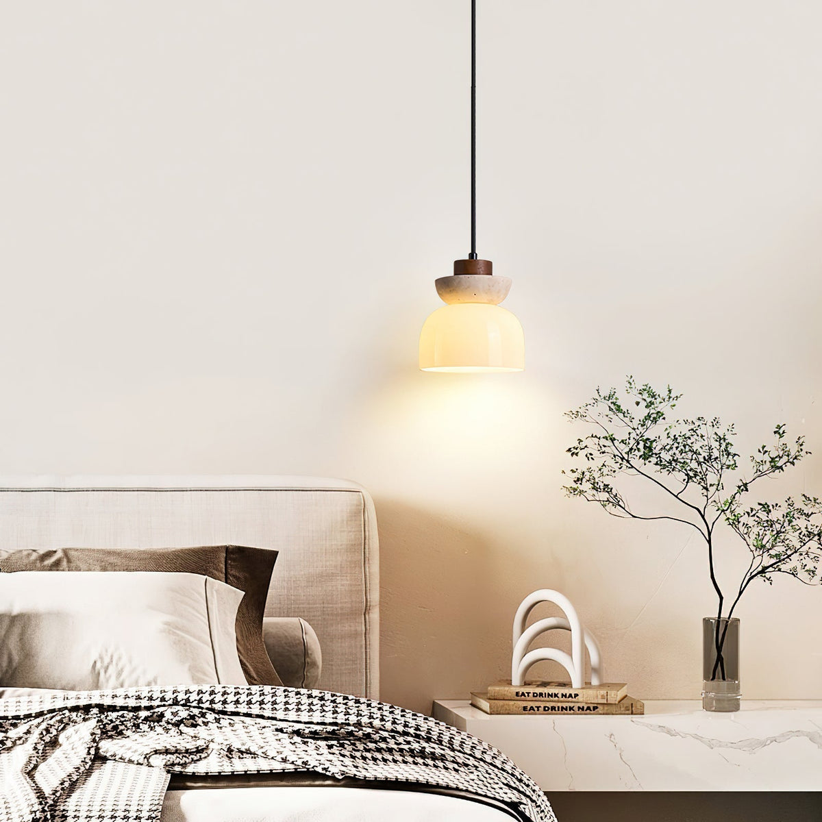 Layered Glass Pendant Light With Premium Travertine Dome