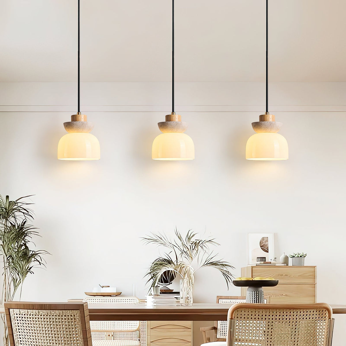Layered Glass Pendant Light With Premium Travertine Dome