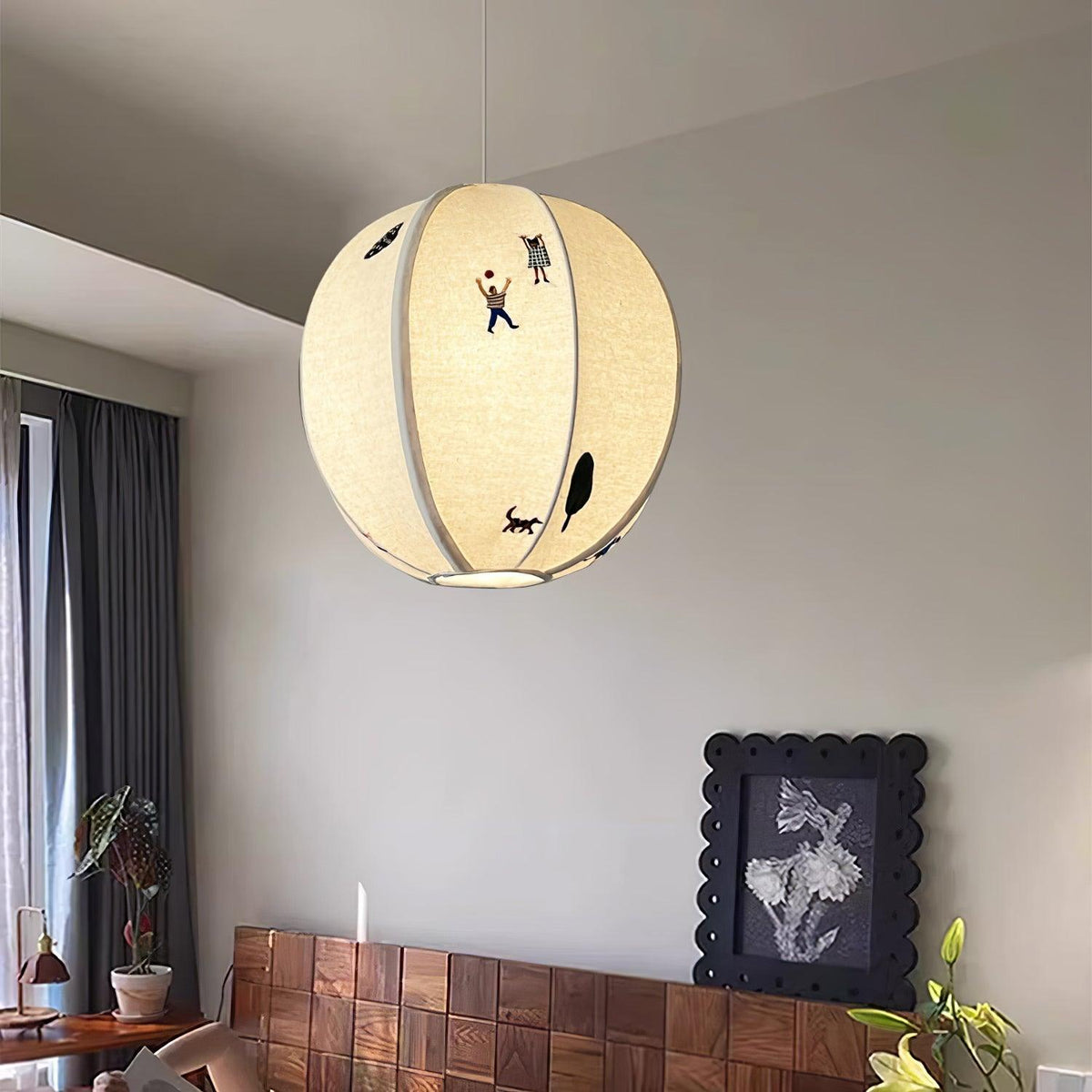 Cotton Embroidered Park Scene With Paper Ball Pendant Light