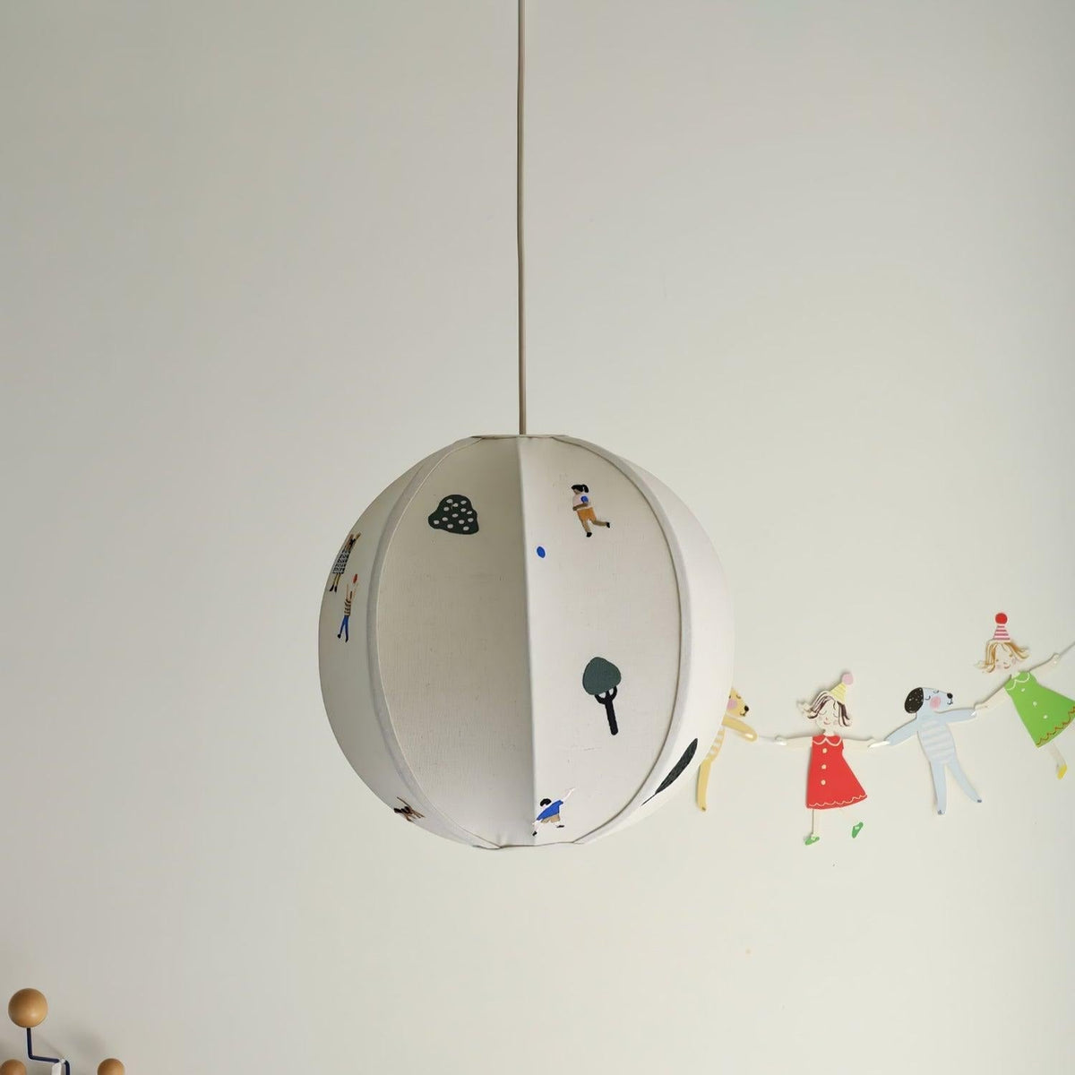 Cotton Embroidered Park Scene With Paper Ball Pendant Light