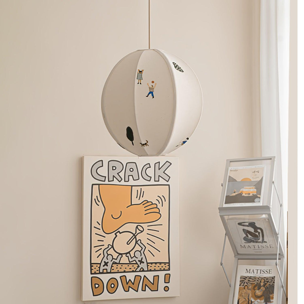 Cotton Embroidered Park Scene With Paper Ball Pendant Light