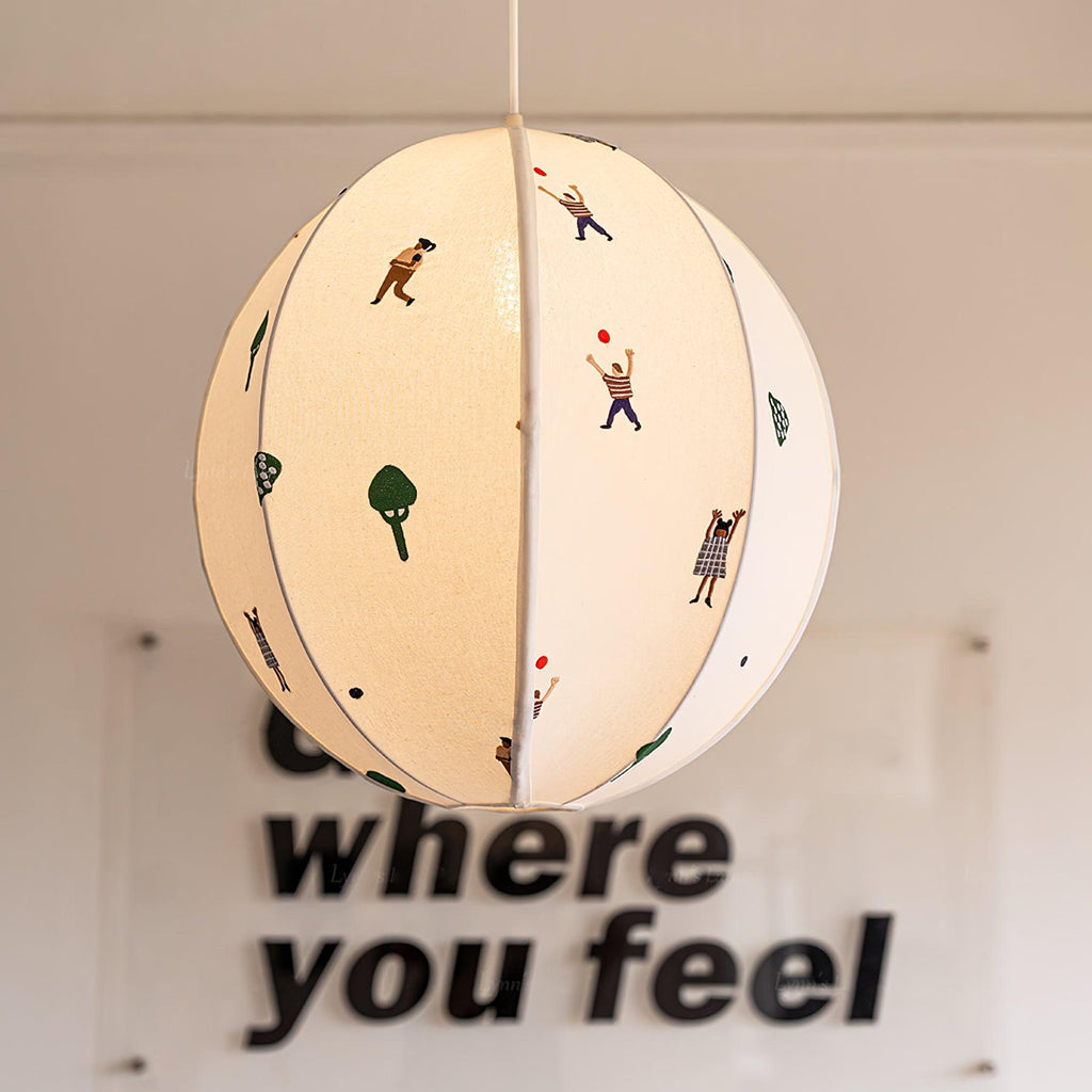 Cotton Embroidered Park Scene With Paper Ball Pendant Light
