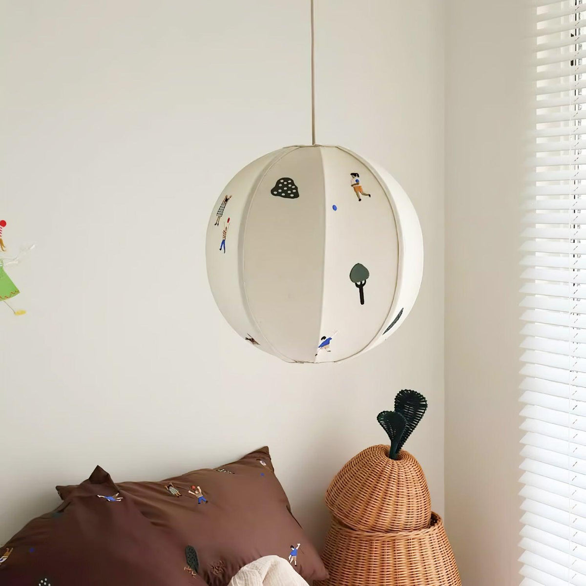 Cotton Embroidered Park Scene With Paper Ball Pendant Light