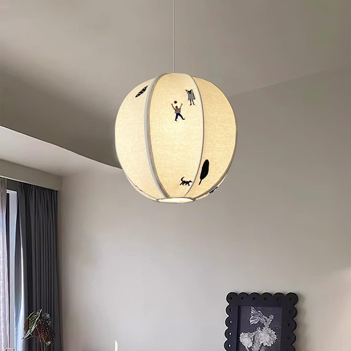 Cotton Embroidered Park Scene With Paper Ball Pendant Light