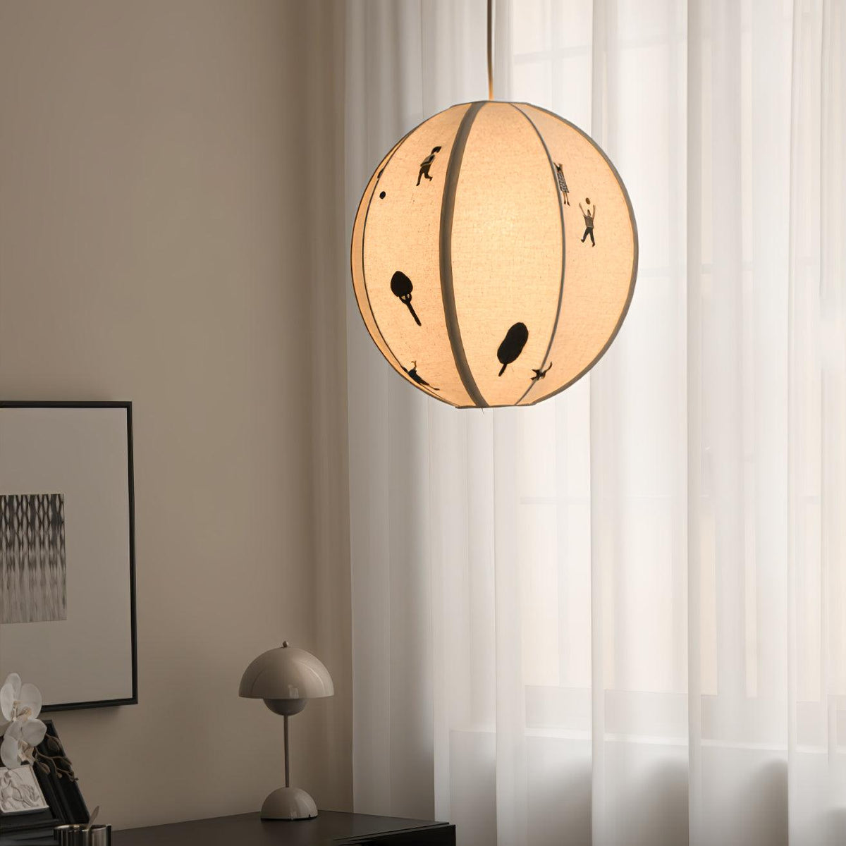 Cotton Embroidered Park Scene With Paper Ball Pendant Light