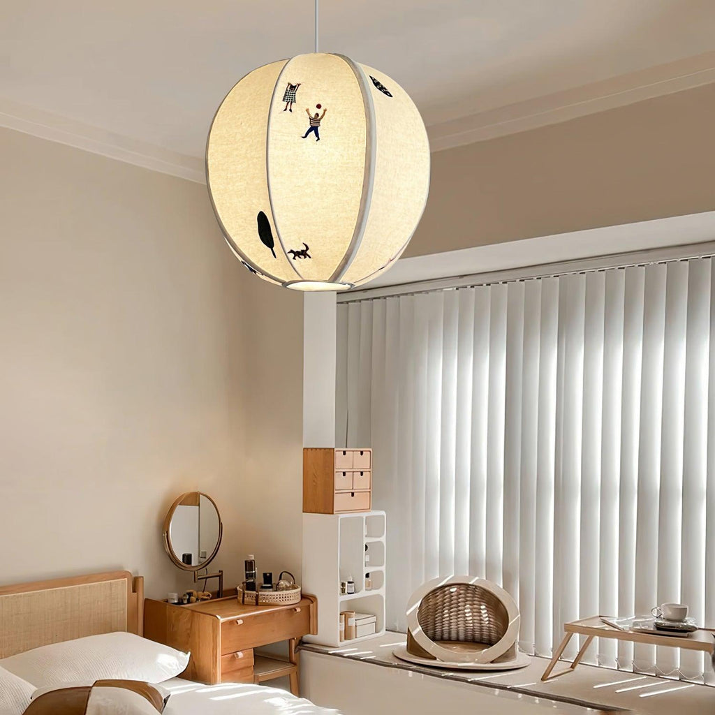 Cotton Embroidered Park Scene With Paper Ball Pendant Light