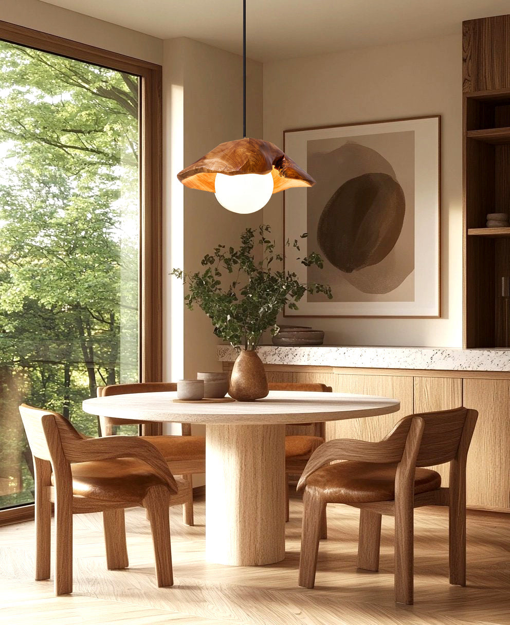 Pendant Light Glass Globe With Sculpted Wood