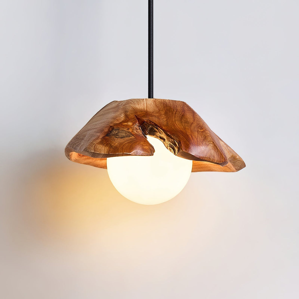 Pendant Light Glass Globe With Sculpted Wood