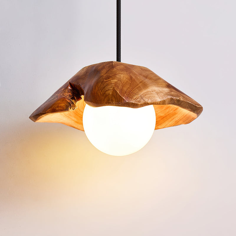 Pendant Light Glass Globe With Sculpted Wood