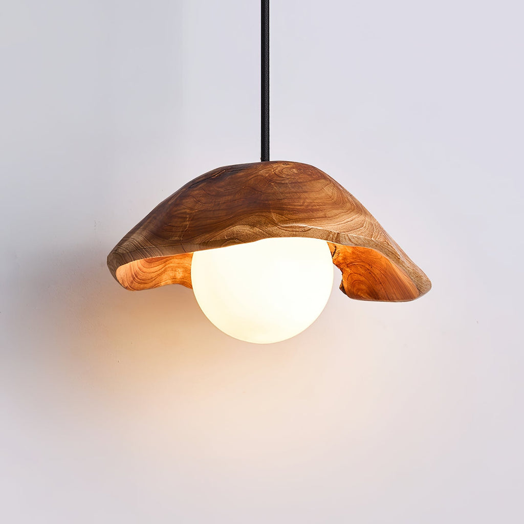 Pendant Light Glass Globe With Sculpted Wood