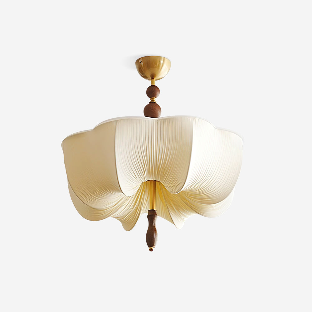Four Bulbs Gold Fabric Shade Wood And Metal Lux Ceiling Light