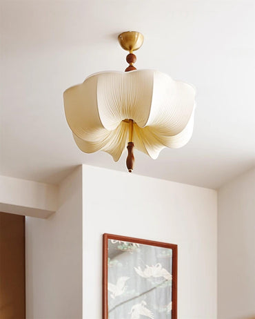 Four Bulbs Gold Fabric Shade Wood And Metal Lux Ceiling Light