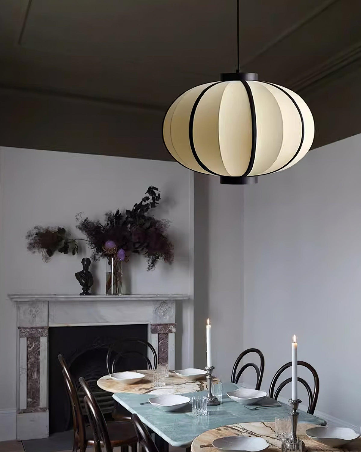 Metal Frame And Fabric Shade With Vintage Pendant Light