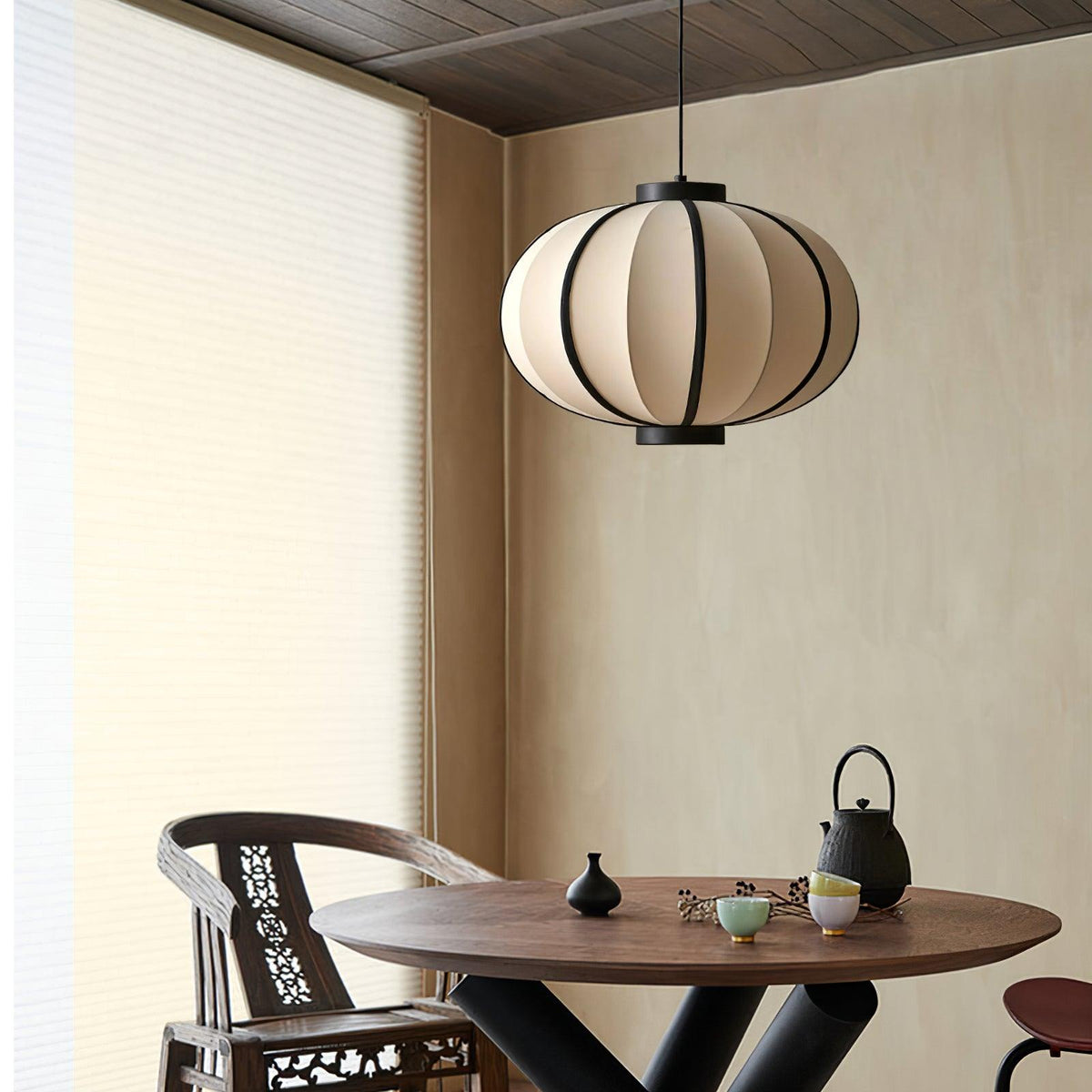 Metal Frame And Fabric Shade With Vintage Pendant Light