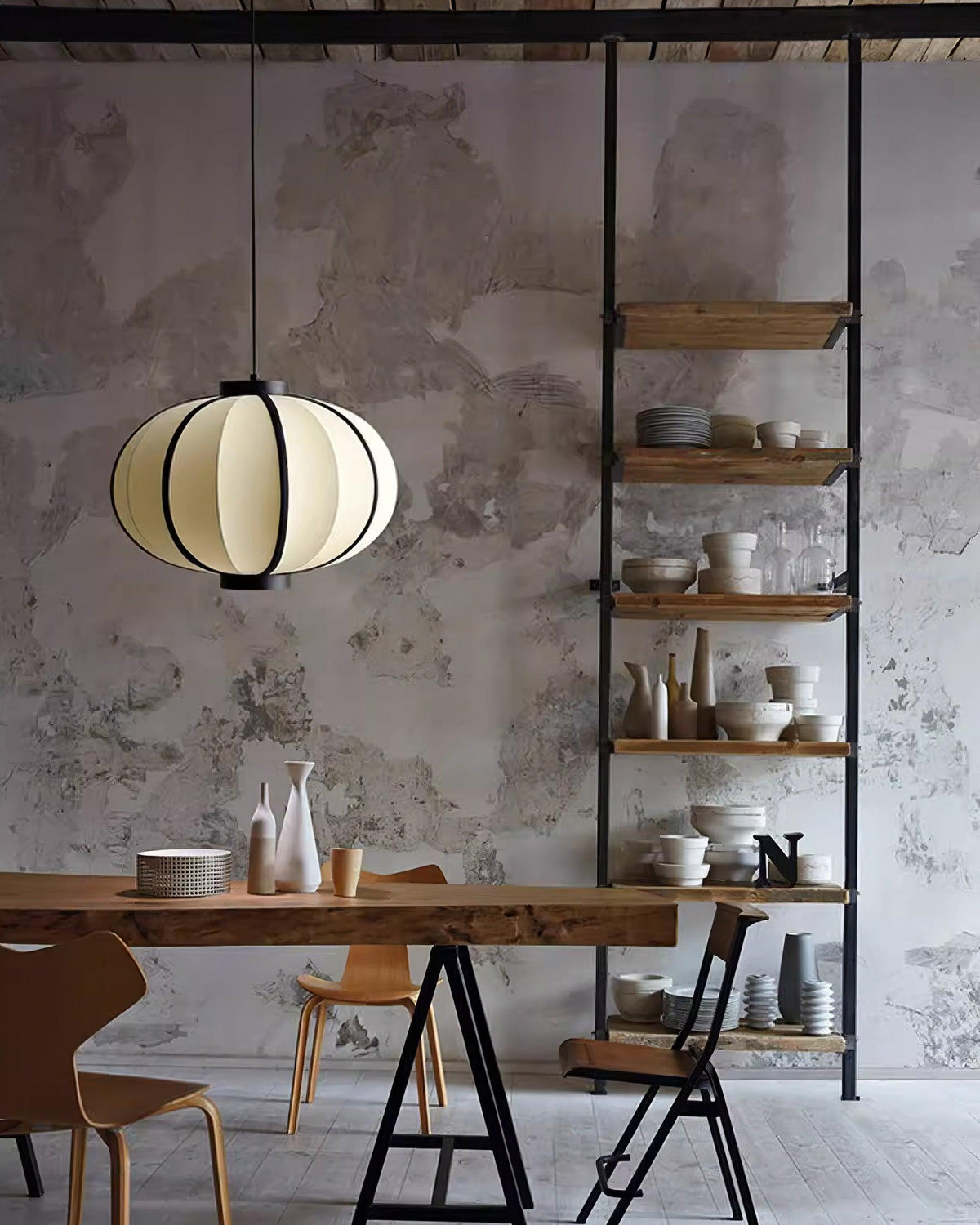 Metal Frame And Fabric Shade With Vintage Pendant Light