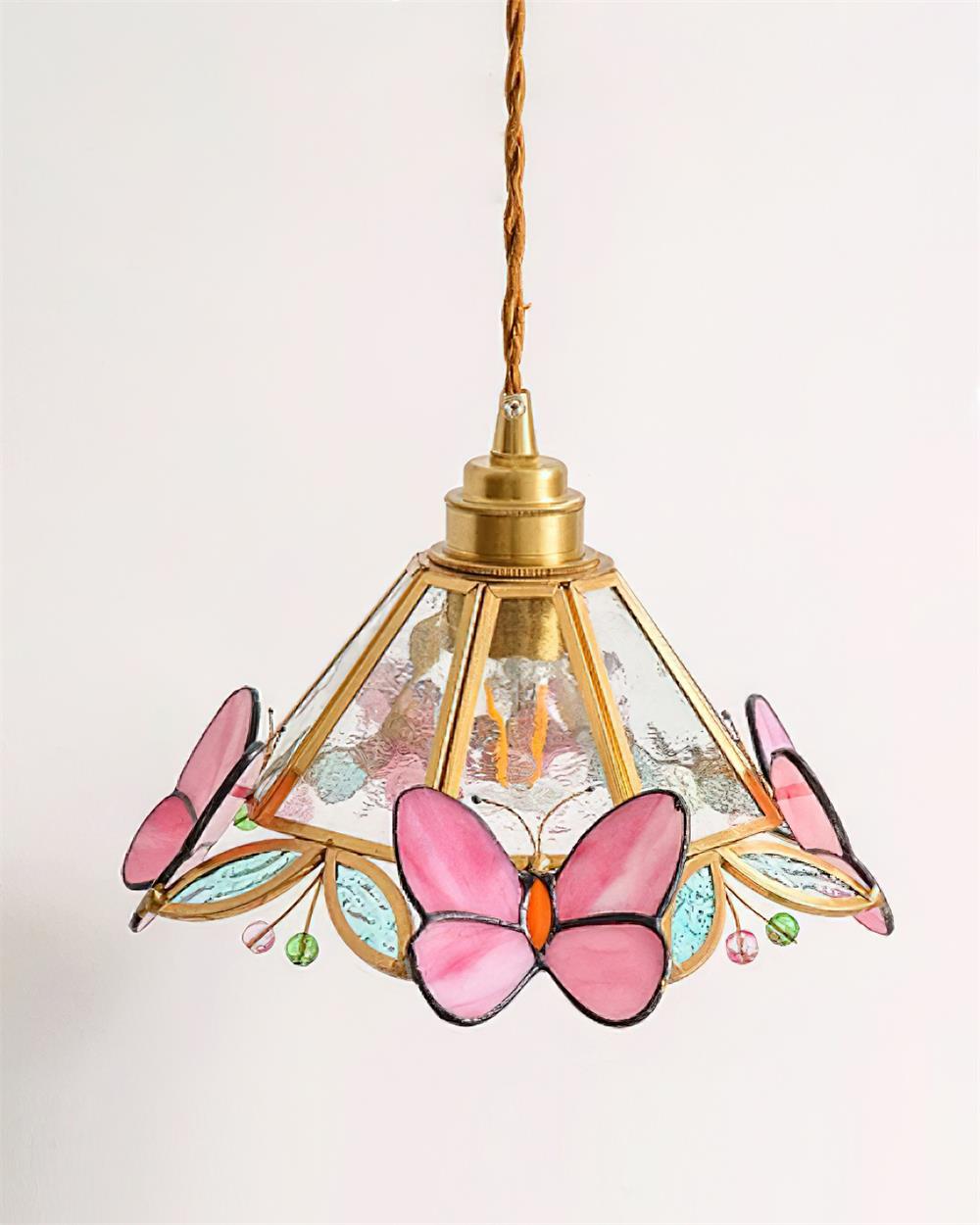 Pendant Light With Warm Glow Butterfly Stained Glass