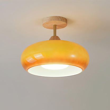 Orange And White Wood Bauhaus Glass Disc Flush Mount Ceiling Light