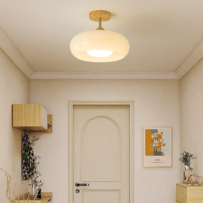 Orange And White Wood Bauhaus Glass Disc Flush Mount Ceiling Light
