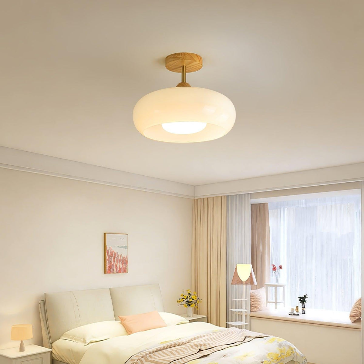 Orange And White Wood Bauhaus Glass Disc Flush Mount Ceiling Light