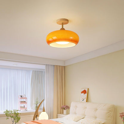 Orange And White Wood Bauhaus Glass Disc Flush Mount Ceiling Light