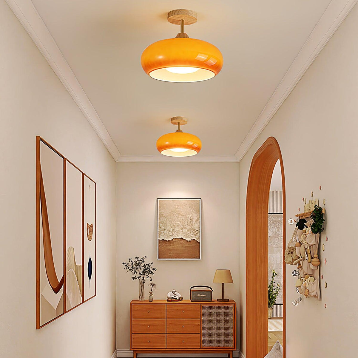 Orange And White Wood Bauhaus Glass Disc Flush Mount Ceiling Light
