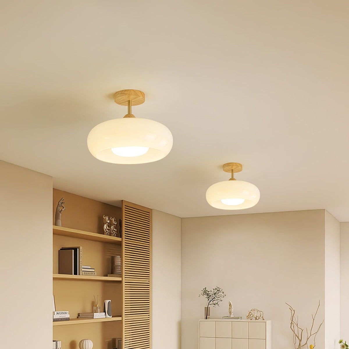 Orange And White Wood Bauhaus Glass Disc Flush Mount Ceiling Light
