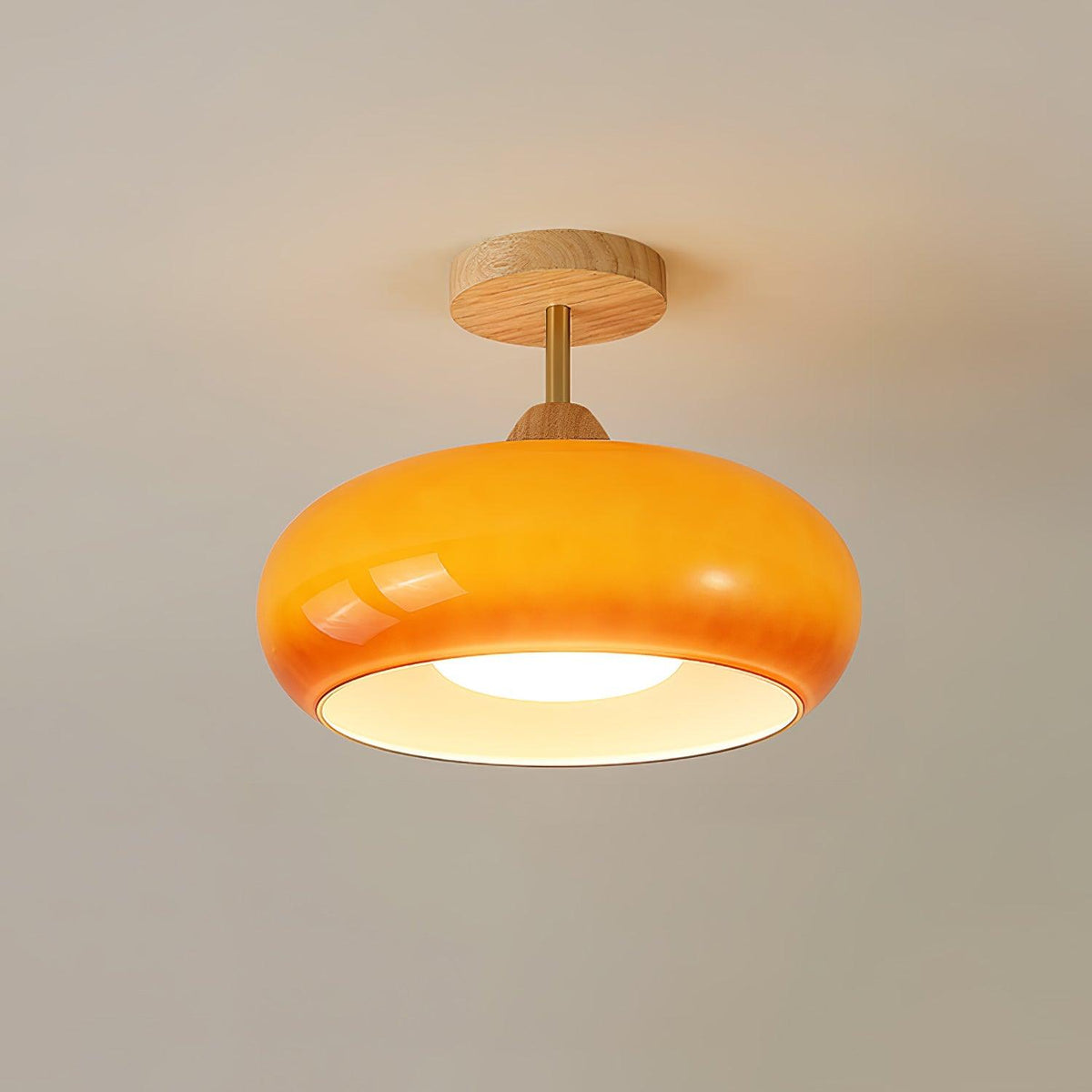 Orange And White Wood Bauhaus Glass Disc Flush Mount Ceiling Light