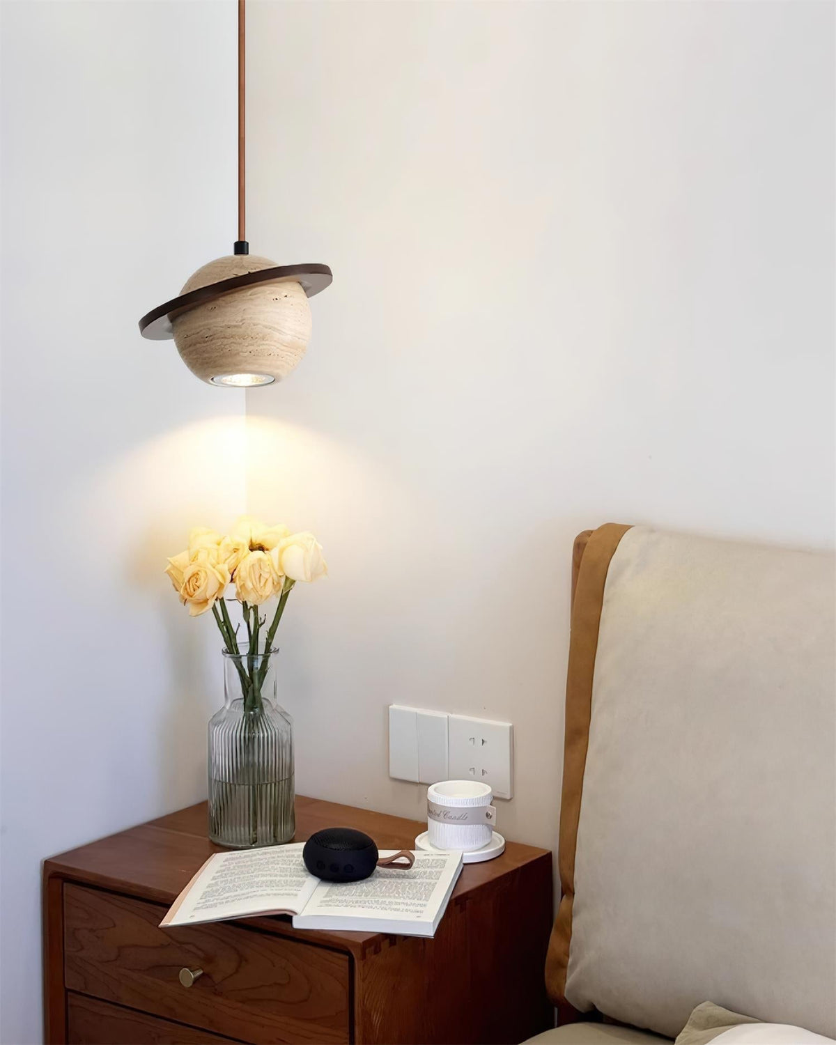 Ambient Glow Walnut Wood Travertine Pendant Light