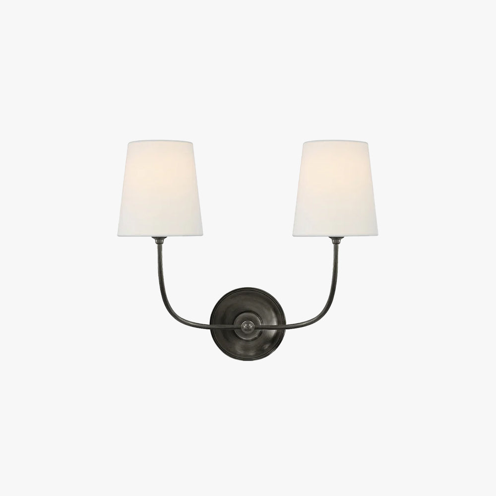 Black Brass Finish Curved Arms Wall Lamp With White Fabric Shades