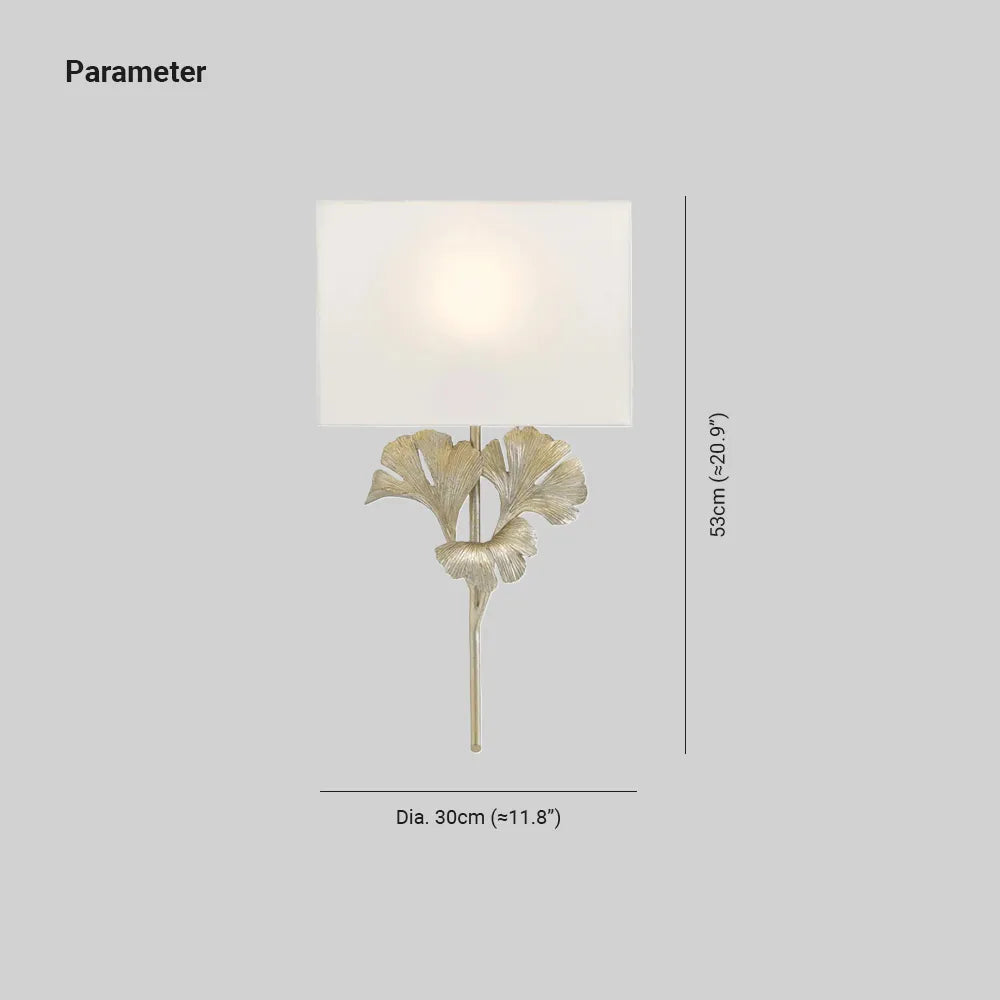 Gold Base And White Square Shade Wall Lamp With Ginkgo Leaf