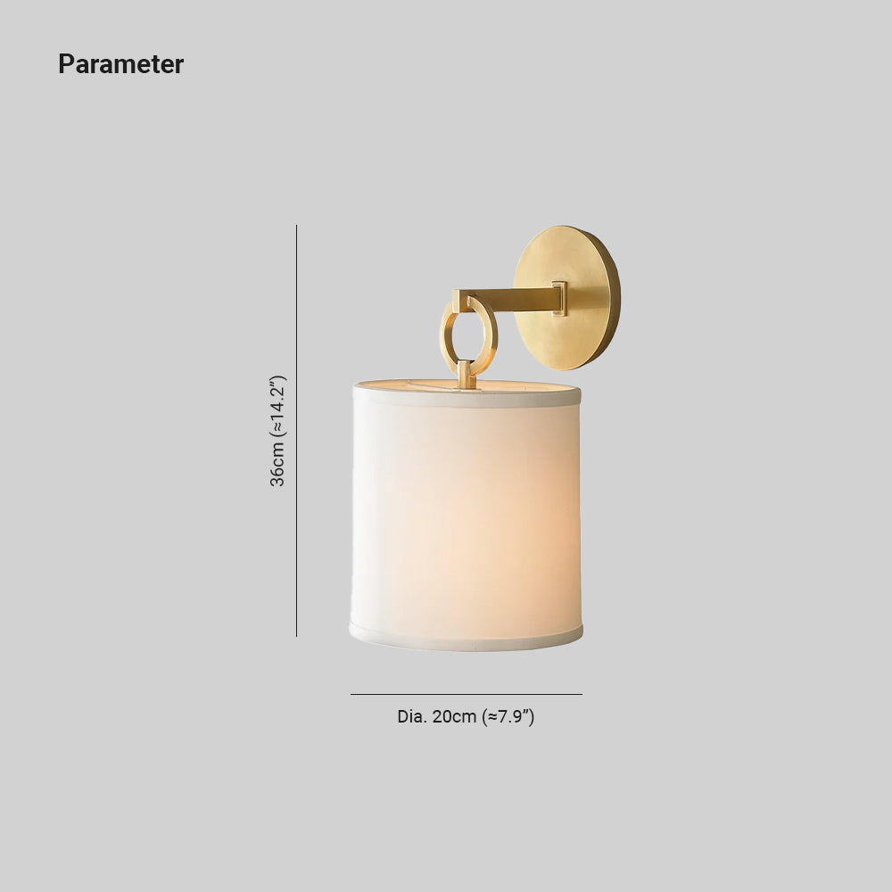 Cylindrical Fabric Shade Wall Lamp With Brass Farmhouse Ring