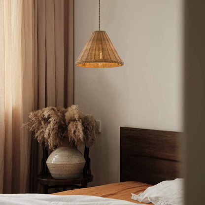 Cone Shaped Natural Rattan Shade Pendant Lamp