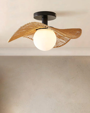 Glass Shade And Hemp Rope Metal Semi Flush Ceiling Light