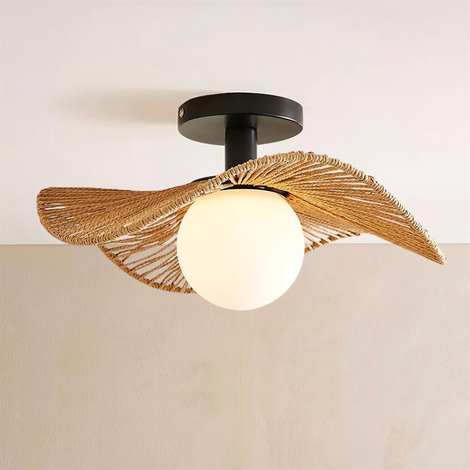 Glass Shade And Hemp Rope Metal Semi Flush Ceiling Light