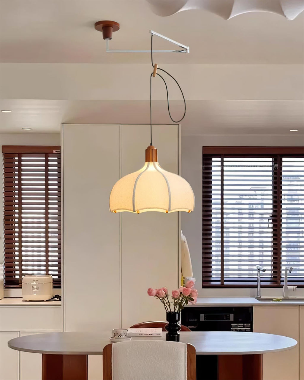 Adjustable Height Walnut Fabric Pendant Light E26 E27