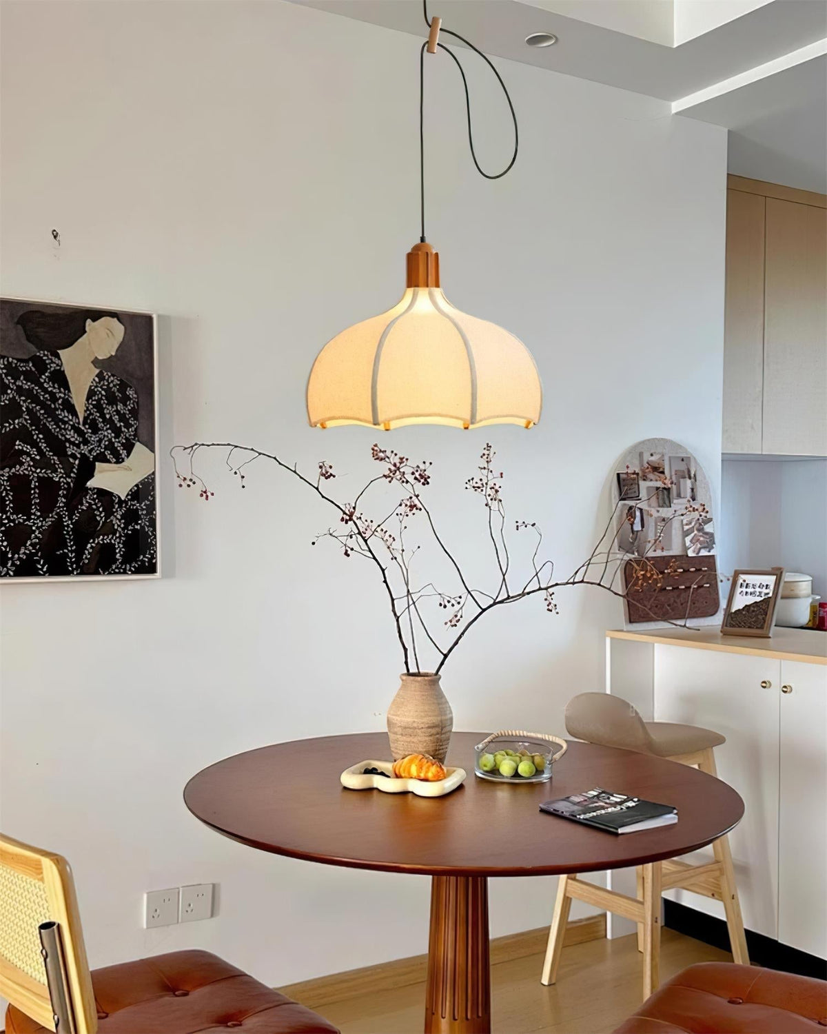 Adjustable Height Walnut Fabric Pendant Light E26 E27