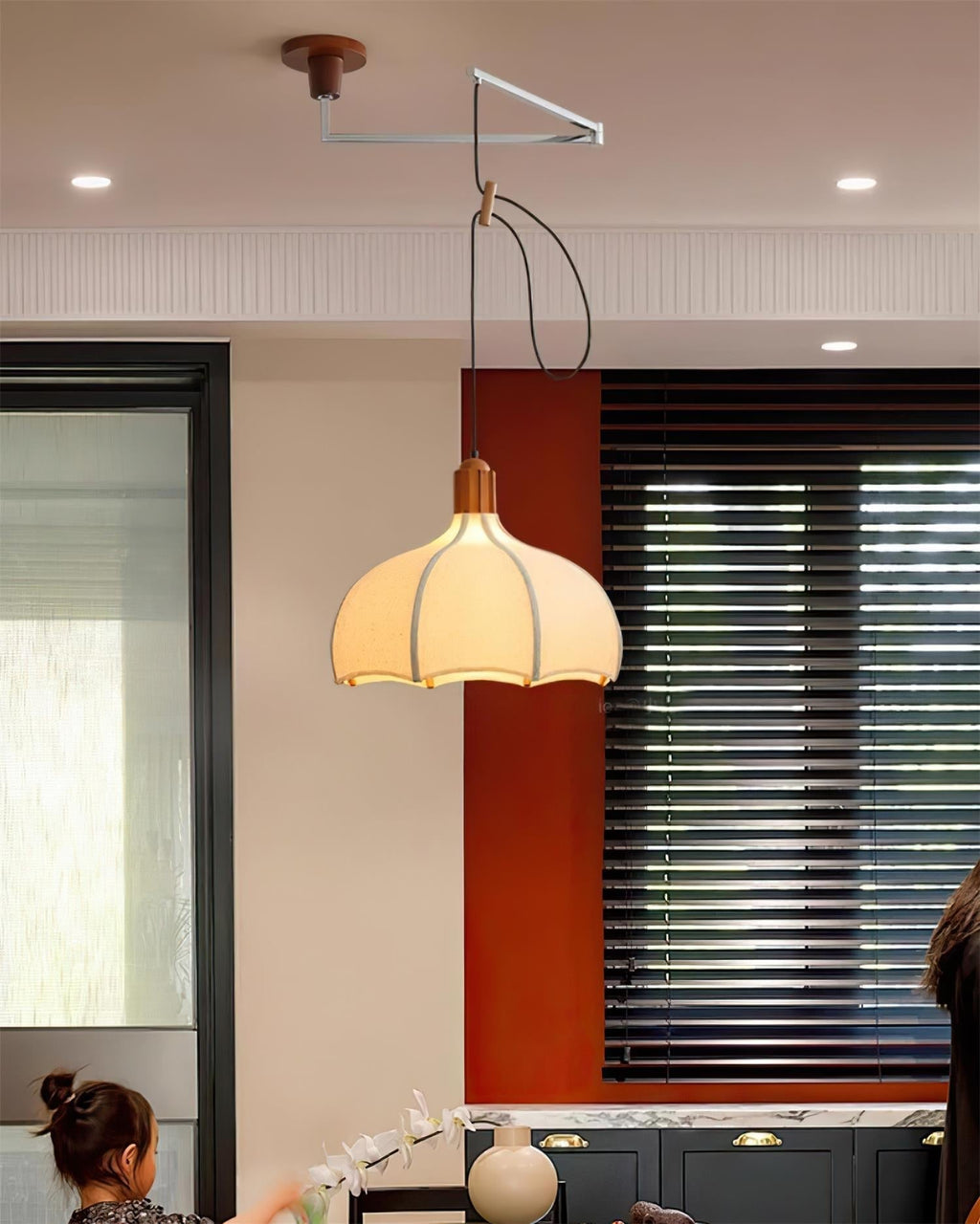 Adjustable Height Walnut Fabric Pendant Light E26 E27