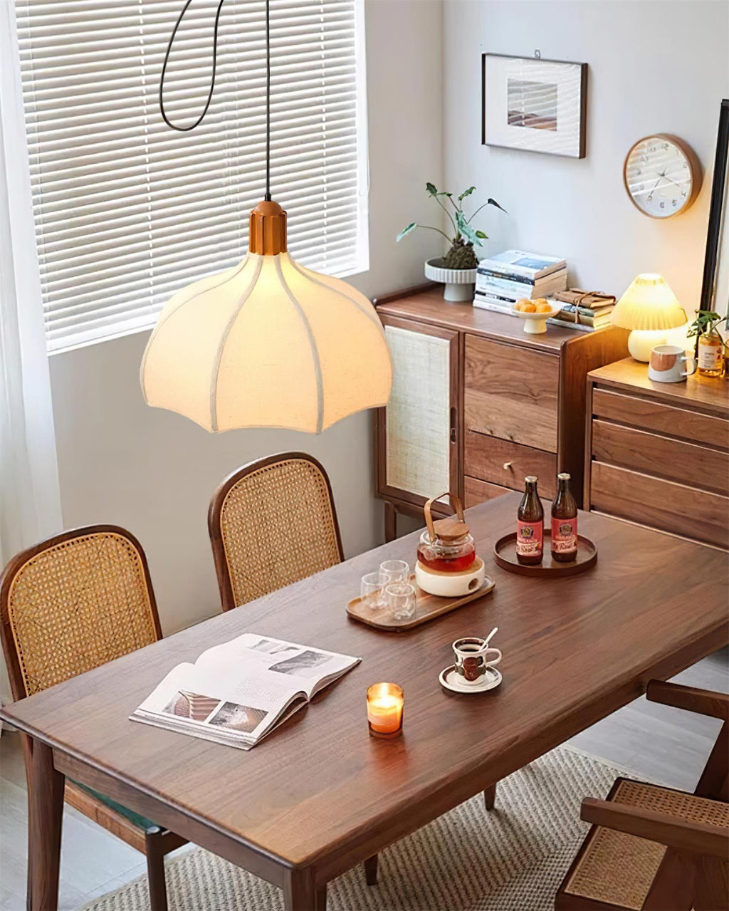 Adjustable Height Walnut Fabric Pendant Light E26 E27
