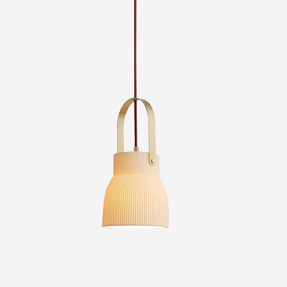 Ribbed White Ceramic And Brass Handle Pendant Lamp