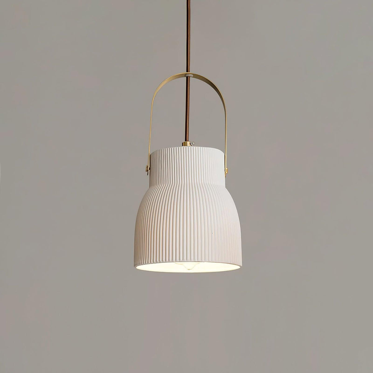 Ribbed White Ceramic And Brass Handle Pendant Lamp
